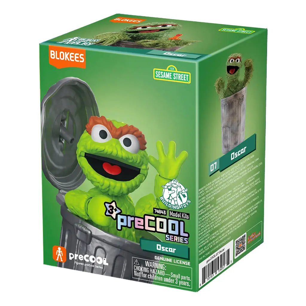 Blokees Sesame Street Oscar the Grouch “preCOOL Series” model kit box featuring Oscar waving from a trash can with green background and official licensing logos.