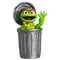 Blokees Oscar the Grouch toy inside his silver trash can, waving with a cheerful expression and Slimy the worm around his neck.
