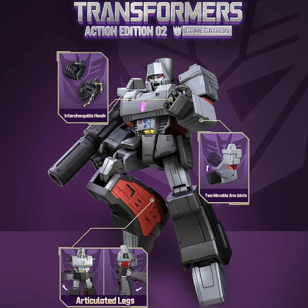 Blokees Transformers Megatron Action Edition figure posed dynamically with cannon raised, highlighting interchangeable hands, movable arms, and articulated legs on a purple display graphic.
