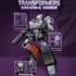 Blokees Transformers Megatron Action Edition figure posed dynamically with cannon raised, highlighting interchangeable hands, movable arms, and articulated legs on a purple display graphic.