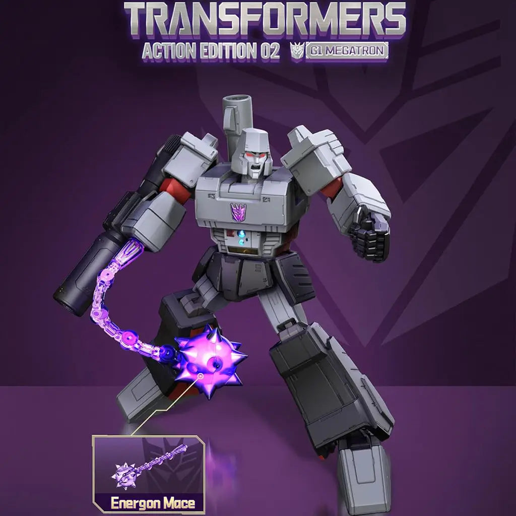 Blokees Transformers G1 Megatron figure in gray armor wielding a purple translucent Energon mace, posed in battle stance against a purple background with labeled accessory callout.