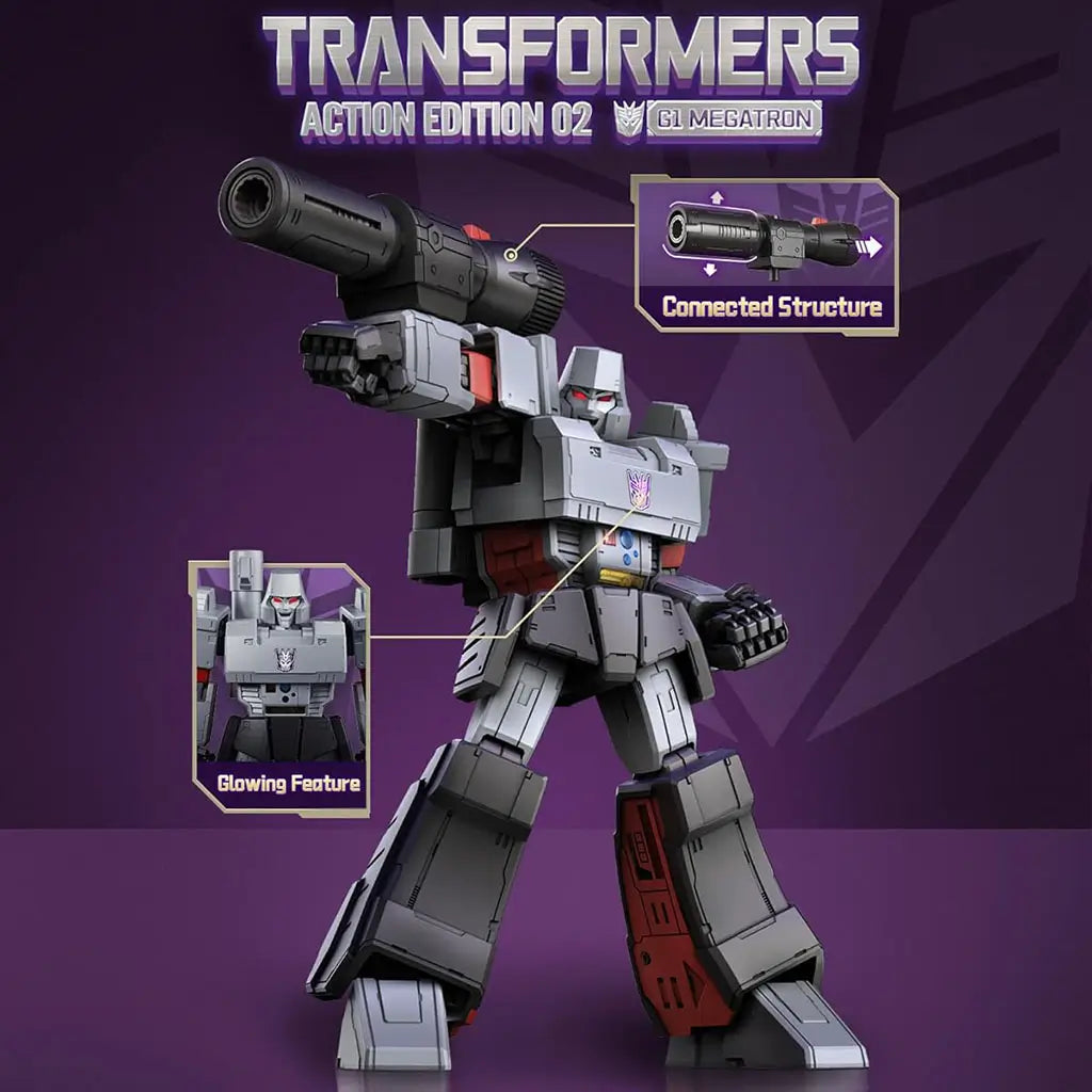 Transformers G1 Megatron Action Edition promotional image showing gray and black robot with arm cannon, purple background, and labeled glowing features, connected weapon structure, and Decepticon logo.