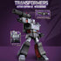 Transformers G1 Megatron Action Edition promotional image showing gray and black robot with arm cannon, purple background, and labeled glowing features, connected weapon structure, and Decepticon logo.