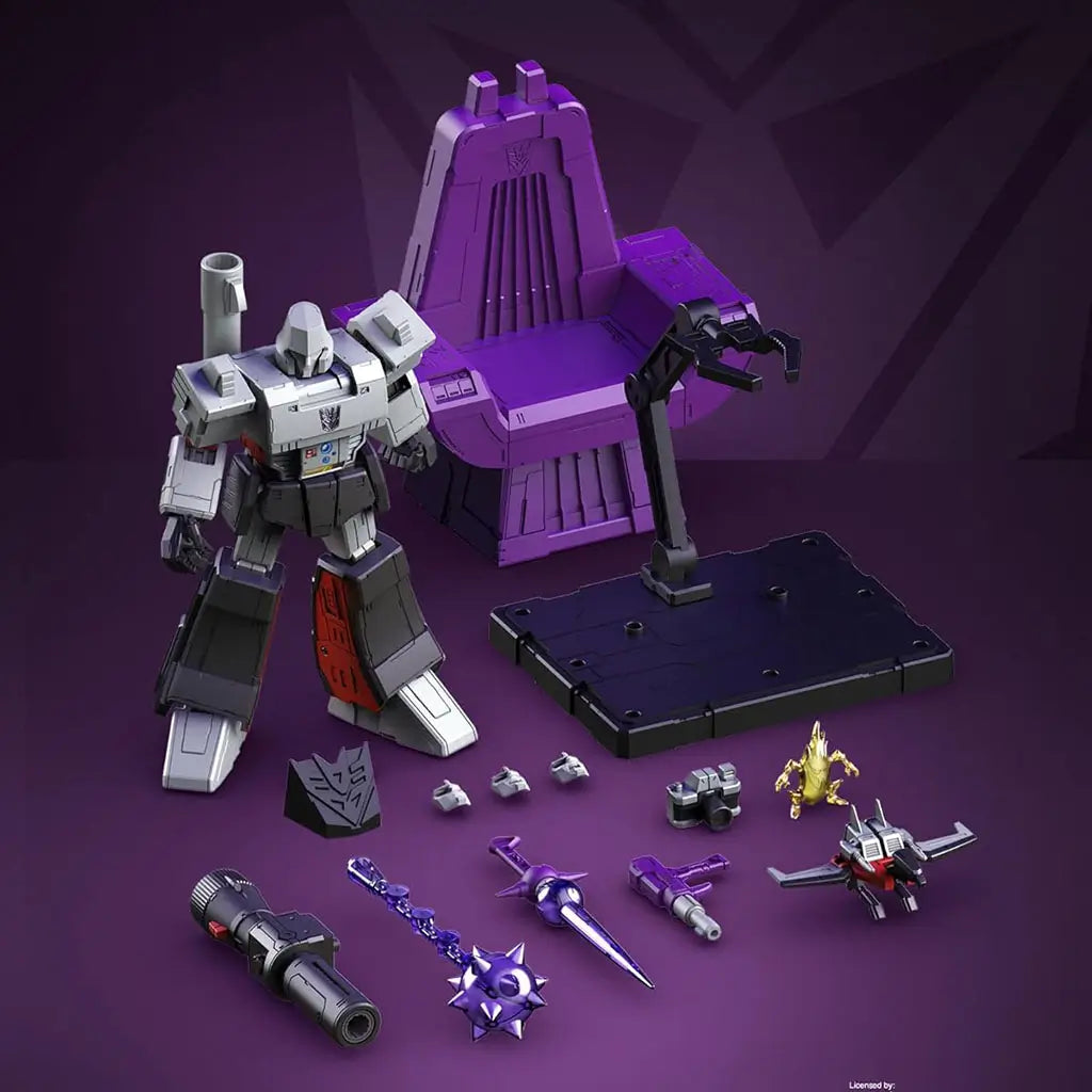 Blokees G1 Megatron Action Edition full set displayed on purple surface, featuring robot figure, accessories, throne, weapons, interchangeable parts, and miniature companion robots.