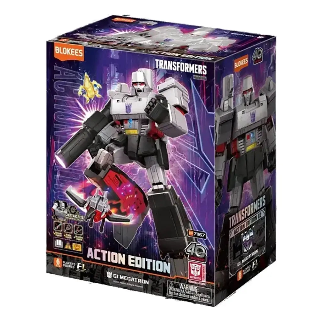 Blokees Transformers Action Edition G1 Megatron model kit box featuring gray and black robot with red highlights, purple lightning background, 40th anniversary logo, and Decepticon branding details.