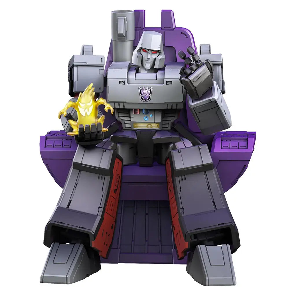 Blokees Transformers G1 Megatron action figure seated on a purple throne, holding a glowing yellow creature in one hand, showcasing metallic gray armor and detailed Decepticon insignia.