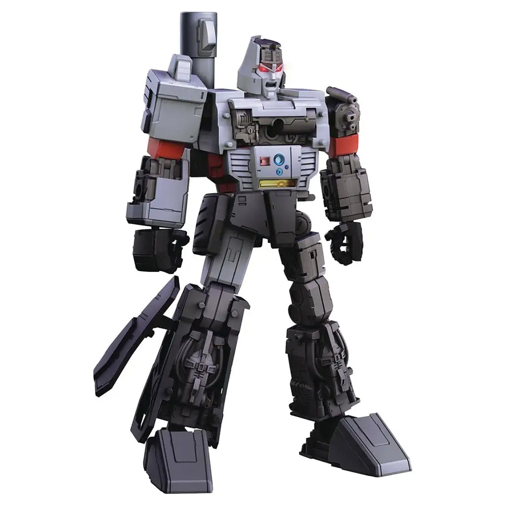 Gray and black Blokees G1 Megatron figure with red highlights and cannon arm attachment, standing upright in a ready pose, featuring mechanical detailing and red eyes.