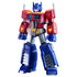 Classic Transformers Optimus Prime action figure in red, blue, and silver colors, standing upright with glowing blue eyes and detailed chest panels resembling a truck cab front.