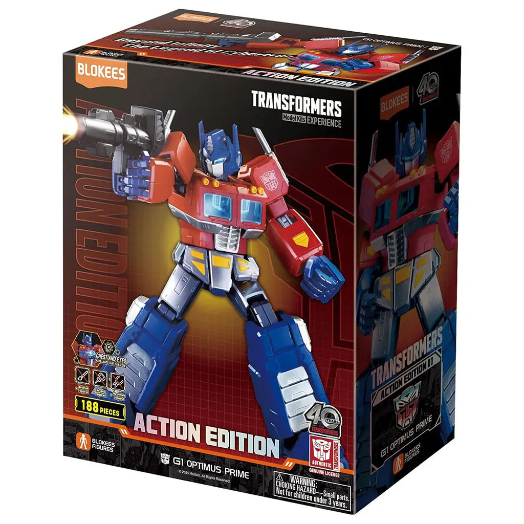 Blokees Transformers Action Edition G1 Optimus Prime box featuring bright red and blue robot with yellow accents, firing blaster graphic, and 188-piece model count with 40th anniversary branding.