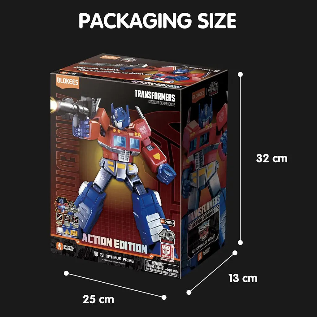 Blokees Transformers G1 Optimus Prime Action Edition packaging dimensions graphic, showing 32 cm tall, 25 cm wide, and 13 cm deep box design with red and yellow artwork.