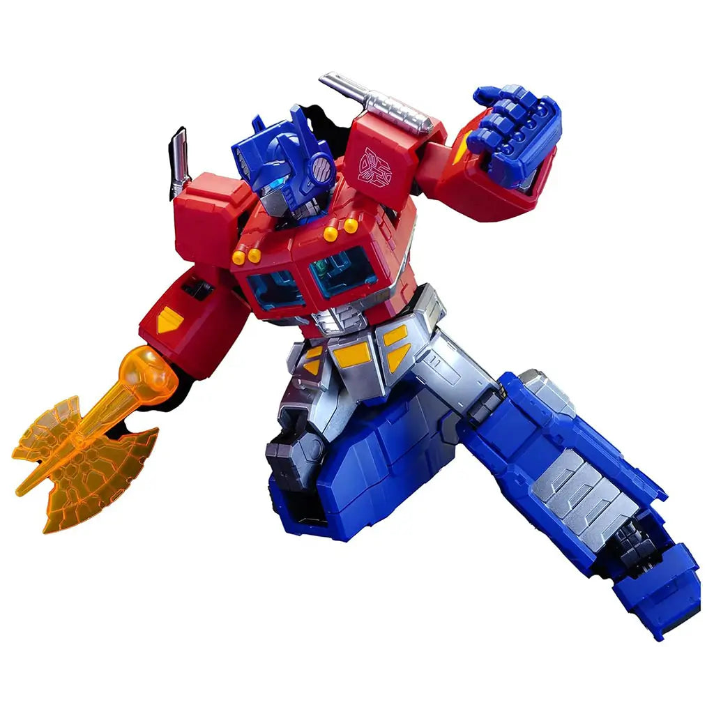 Articulated Optimus Prime action figure in red, blue, and silver holding translucent orange energy axe, posed in battle stance with raised arm on a white background.