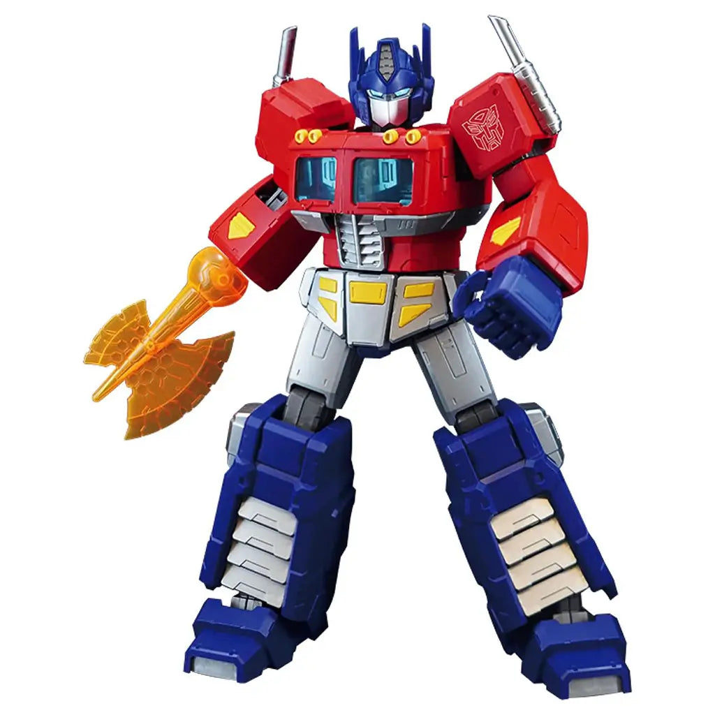 Blokees Transformers G1 Optimus Prime figure featuring bright red torso, blue legs, and silver mechanical detailing, holding an orange energy axe and standing ready for action.