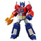 Blokees Transformers G1 Optimus Prime figure featuring bright red torso, blue legs, and silver mechanical detailing, holding an orange energy axe and standing ready for action.