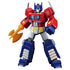Blokees Transformers G1 Optimus Prime figure featuring bright red torso, blue legs, and silver mechanical detailing, holding an orange energy axe and standing ready for action.