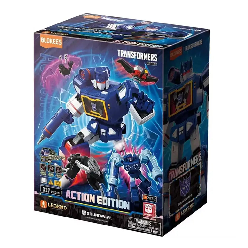 Blokees Transformers Action Edition Soundwave box featuring the blue and silver Decepticon robot in dynamic battle pose with mini cassette partners, product branding, and 327-piece count.