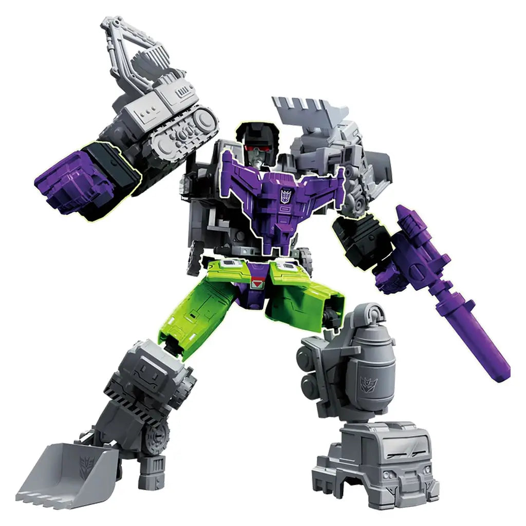 Blokees Transformers Devastator combining accessory figure partially assembled in gray and green construction form, holding a purple cannon weapon with dynamic pose and detailed mechanical design.