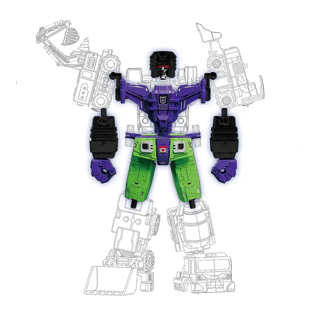Green and purple Blokees Devastator accessory parts shown connected on outlined robot diagram, illustrating combining instructions for building the Transformers Hercules figure model.