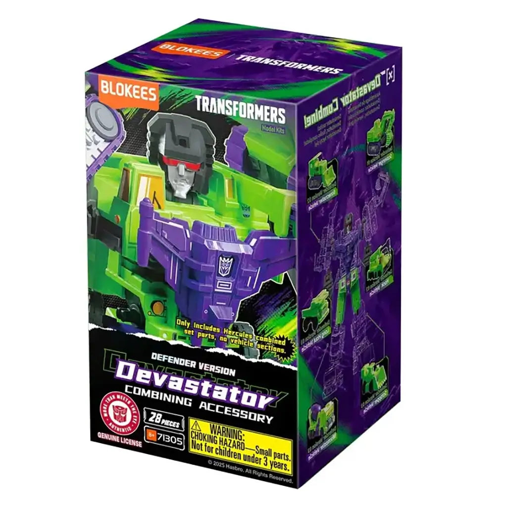 Blokees Transformers Defender Version Devastator box with green and purple robot artwork, Hasbro logo, and 28-piece count, emphasizing combining accessory parts for the Hercules constructicon model kit.
