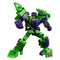Fully assembled Blokees Transformers Devastator model kit in bright green and purple colors, featuring bulky construction limbs, angular armor plates, and black head with red visor on white background.