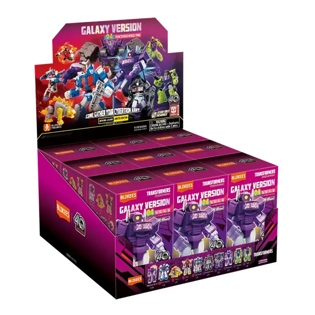 Blokees Transformers Galaxy Version 04 Fractured Space-Time display box showcasing multiple collectible toy packages with purple theme and action-packed Transformers artwork.