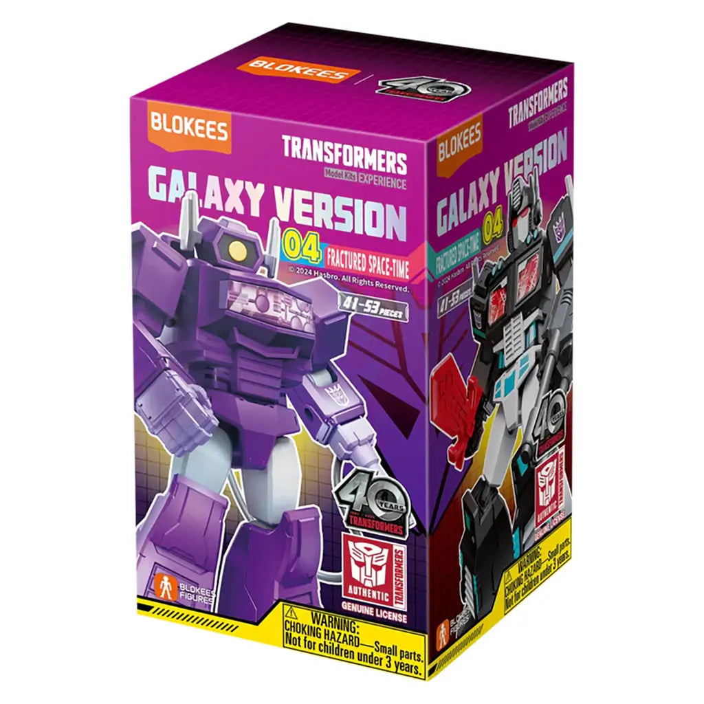 Blokees Transformers Galaxy Version 04 Fractured Space-Time packaging showing a purple robot with detailed sci-fi artwork, Transformers 40th anniversary logo, and authentic branding.
