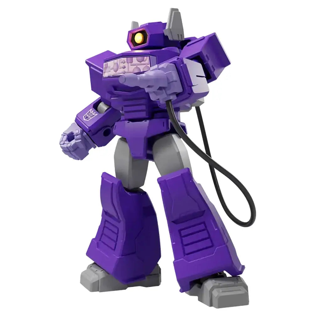 Purple Blokees Transformers robot holding a connected blaster weapon, designed with sleek armor panels and cable accessory for an advanced sci-fi look.