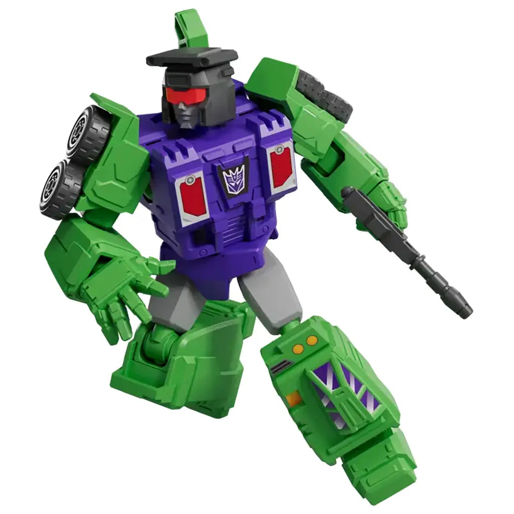Green and purple Blokees Transformers figure holding a blaster weapon, designed with rugged armor and red visor detailing, posed in an action stance.