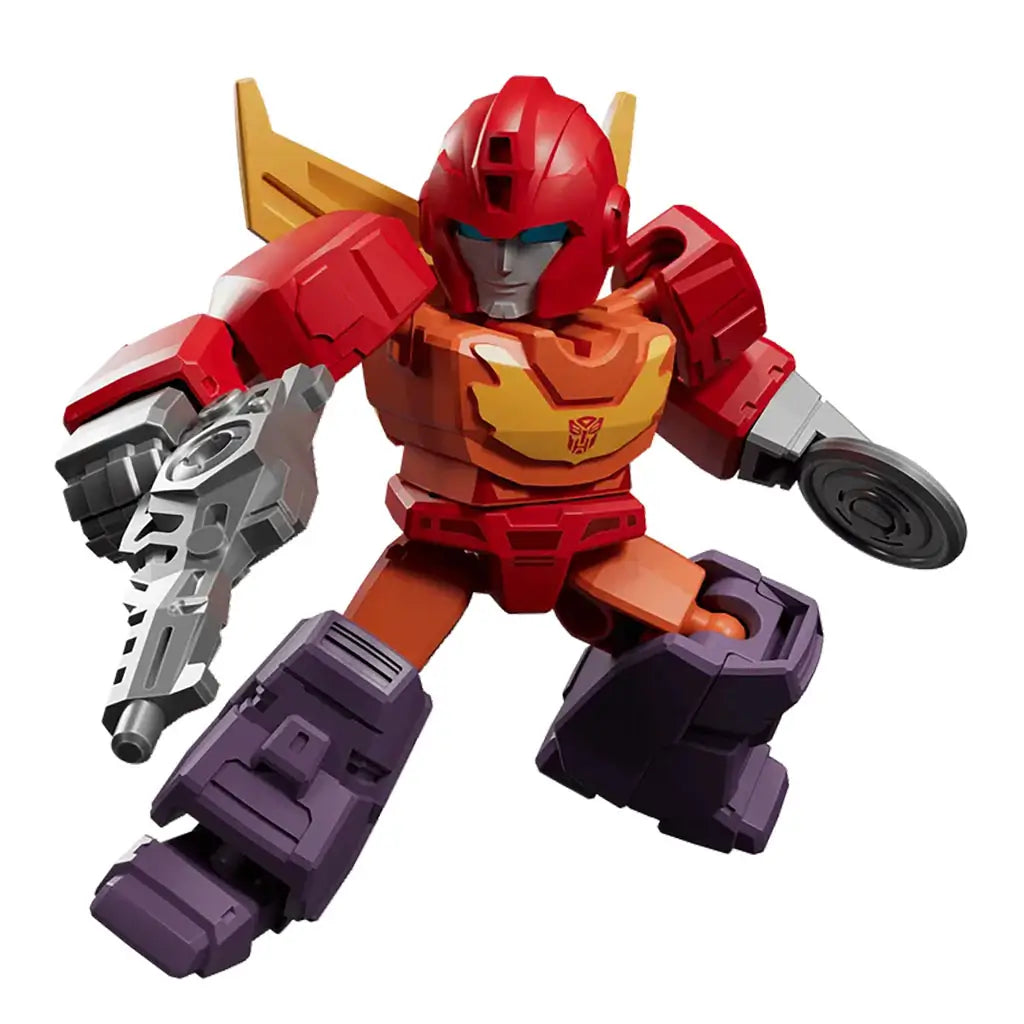 Transformers red and orange robot toy with smooth molded armor, bold blocky legs, silver blaster accessory, and action pose captured against a simple white studio background.