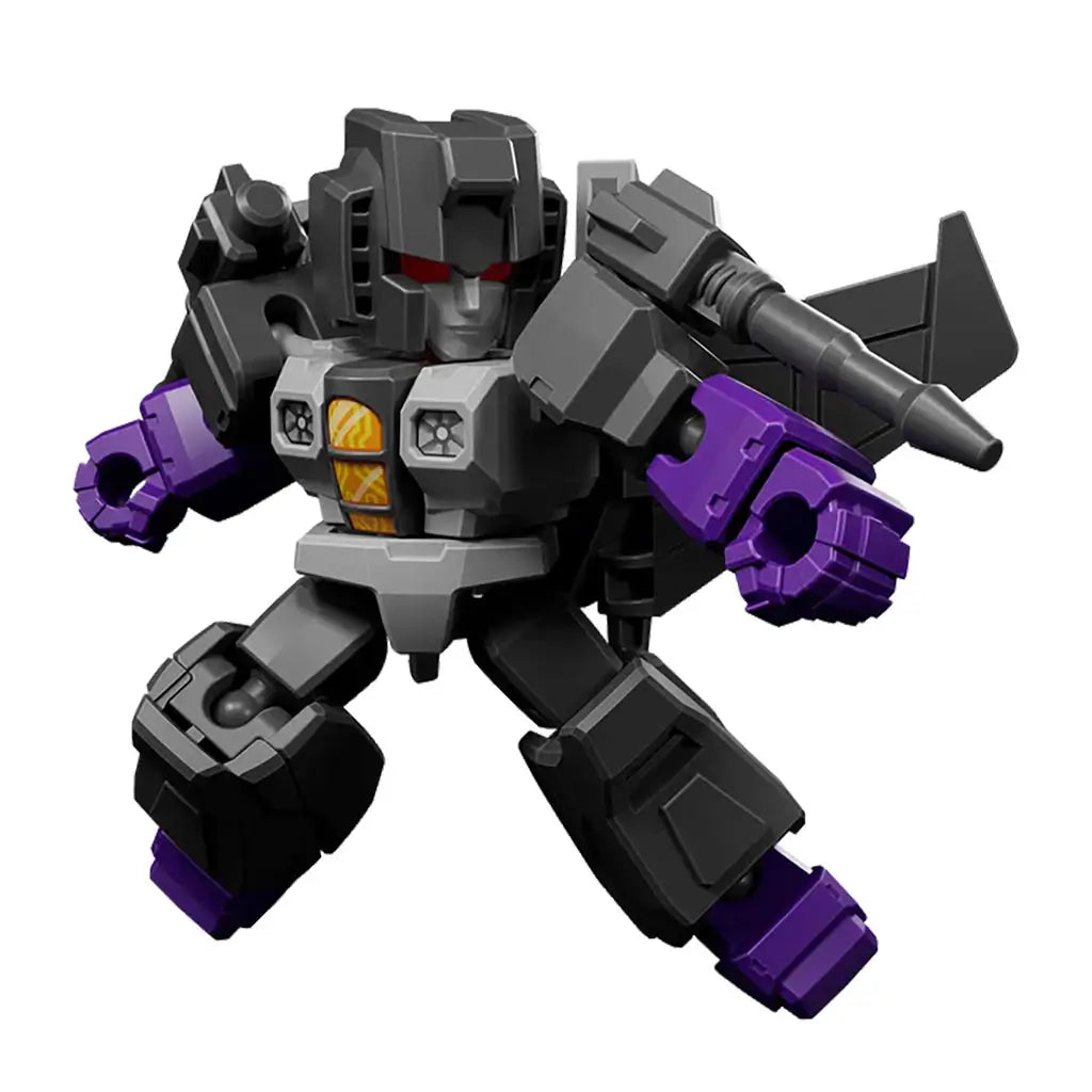 Transformers dark gray and purple robot toy with solid angular armor plates, compact fighter jet-inspired parts, and raised shoulder cannon shown in an action stance on white.