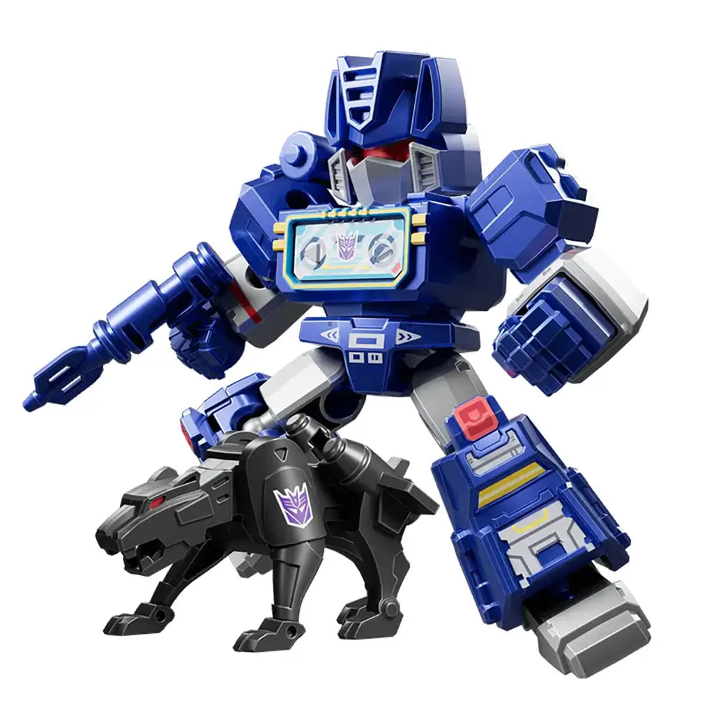Transformers blue armored robot figure with cassette-style chest, sturdy block limbs, smooth glossy plastic, and black robotic panther partner posed together in a neutral studio setting.