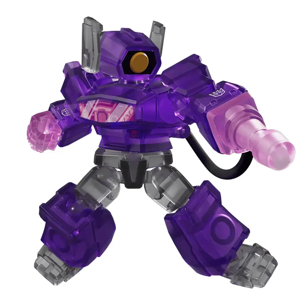 Transformers purple translucent plastic robot figure featuring smooth glossy armor panels, compact rounded body shape, laser-armed battle stance, and simple studio background.