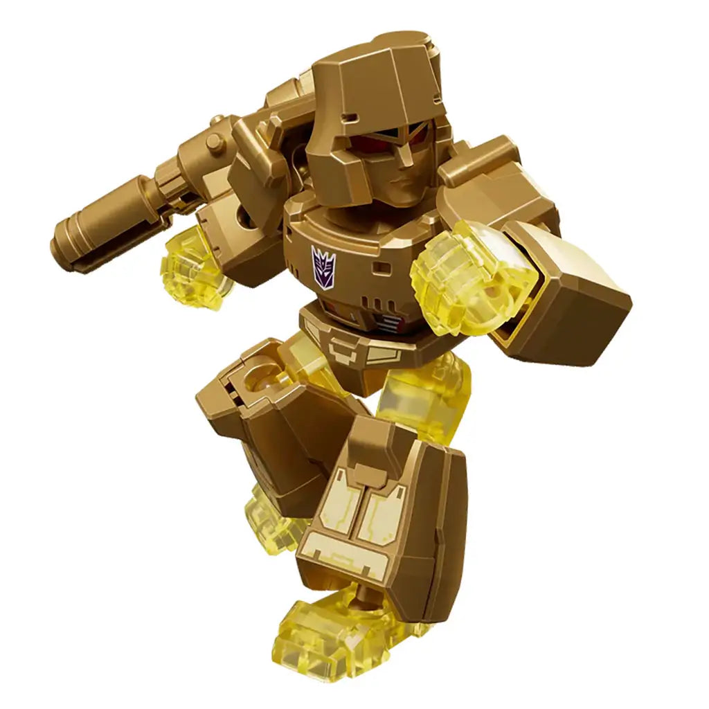 Transformers gold robot figure made of shiny metallic plastic and translucent yellow parts, blocky armor shaping, raised blaster cannon, and dramatic pose against clean studio white.