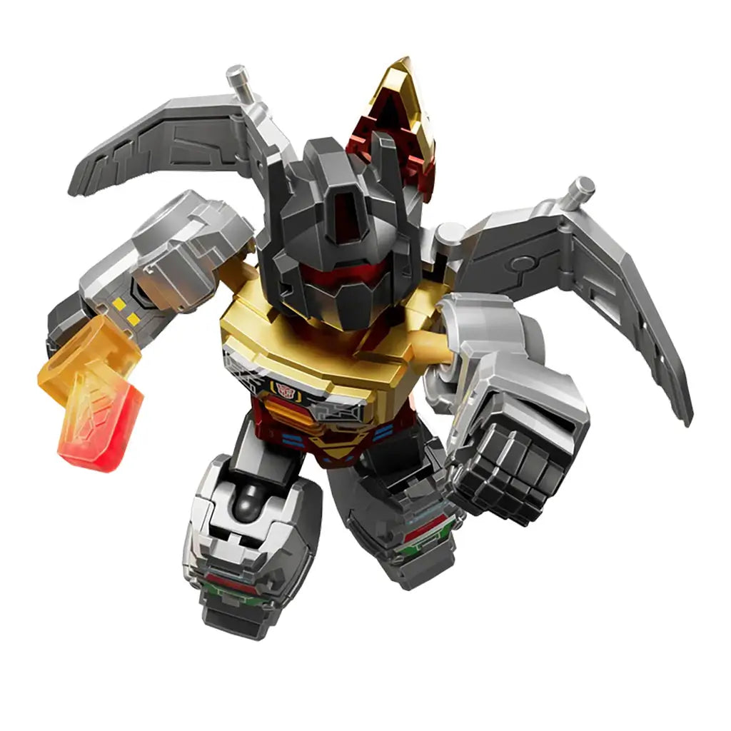 Transformers silver and gold robot figure with broad mechanical wings, angular armor, translucent red sword, and flight-ready stance photographed over a plain white background.
