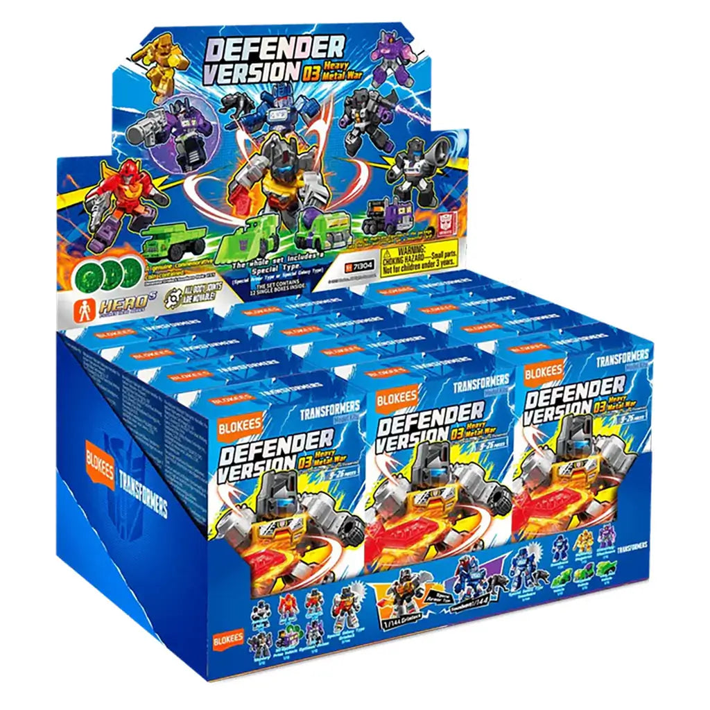 Transformers Blokees display box in bright multicolor printed cardboard showing glossy character art, block-style figure previews, and stacked retail packaging on a white background.