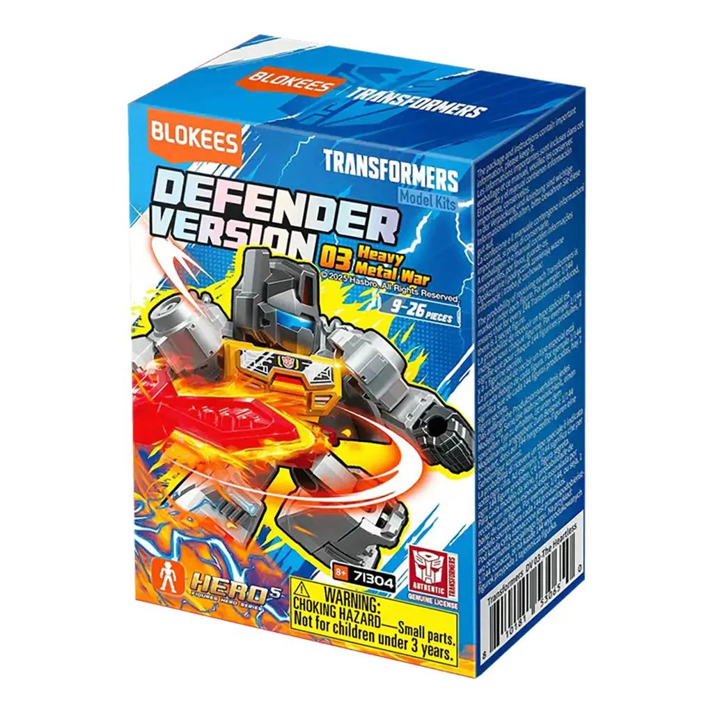 Transformers Blokees retail package box in vivid blue printed cardboard featuring dynamic character art, swirling energy graphics, and product details displayed in a clean studio view.