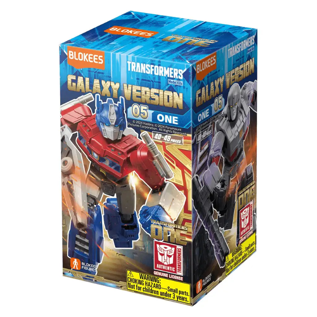Blokees Transformers Galaxy Version 05 single packaging box displaying detailed artwork of red and blue robot characters in battle stance with official Transformers branding.