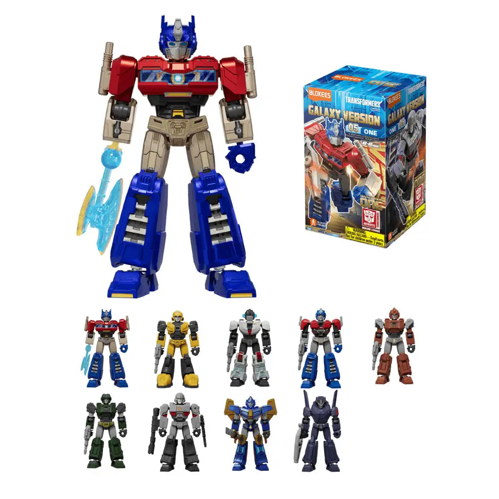 Blokees Transformers Galaxy Version 05 collectible robot figures featuring blue, red, and metallic toy designs, shown with packaging box and various action figure poses.