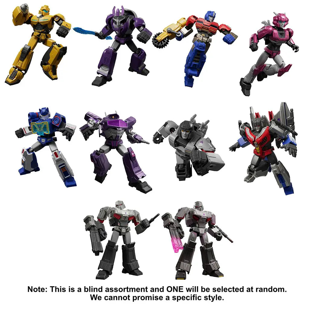 Assorted Transformers Galaxy Version Wave 2 action figures from Blokees including yellow, purple, red, and gray robots in dynamic poses, each showcasing signature weapons and detailed mechanical armor.