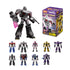 Transformers collectible toy figures in the Blokees Galaxy Version Wave 2 series featuring detailed robot models in gray, blue, yellow, and purple designs, shown with display box packaging.