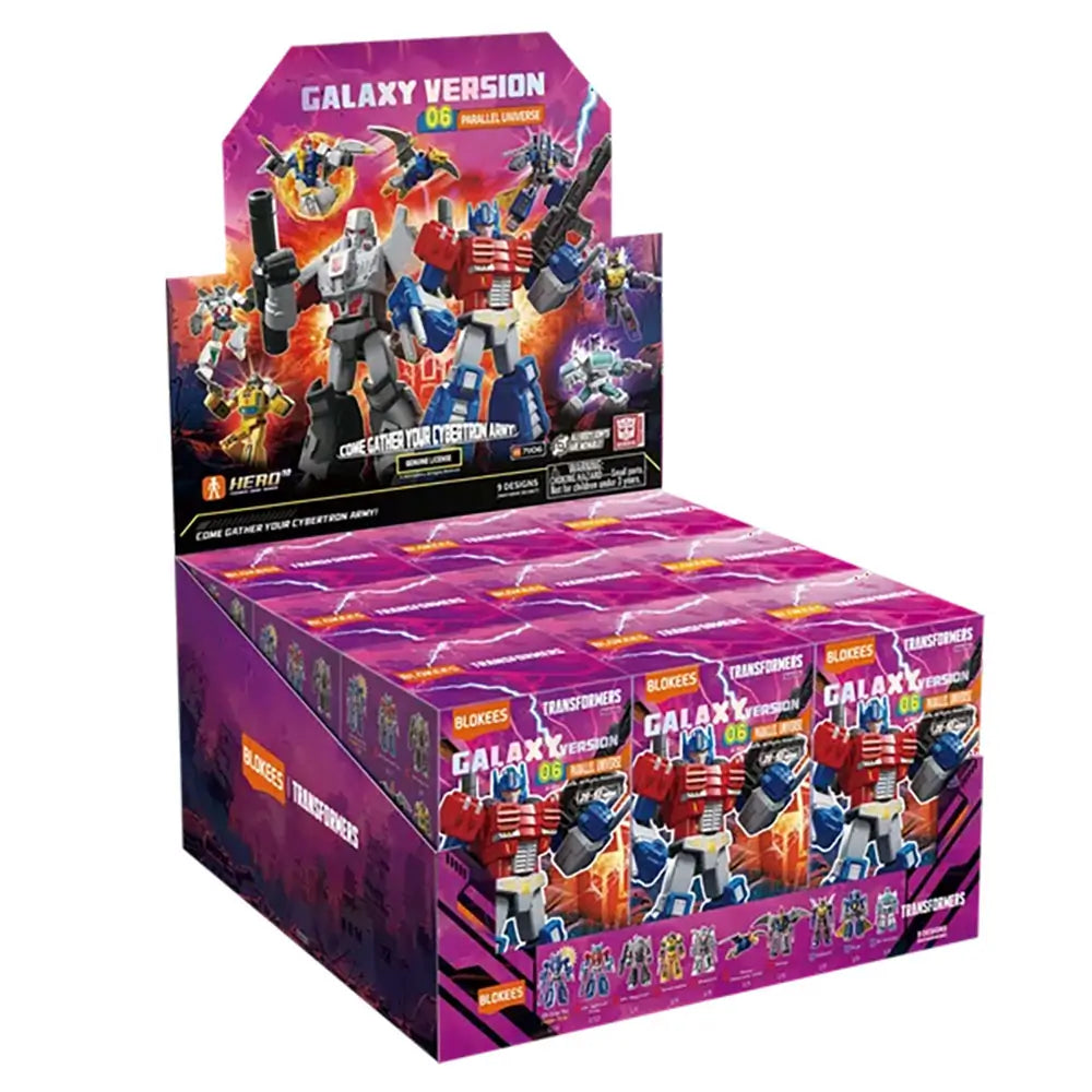 Blokees Transformers Galaxy Version Wave 2 retail box display showing multiple collectible blind boxes with colorful artwork of robot characters from the Transformers series on a purple background.