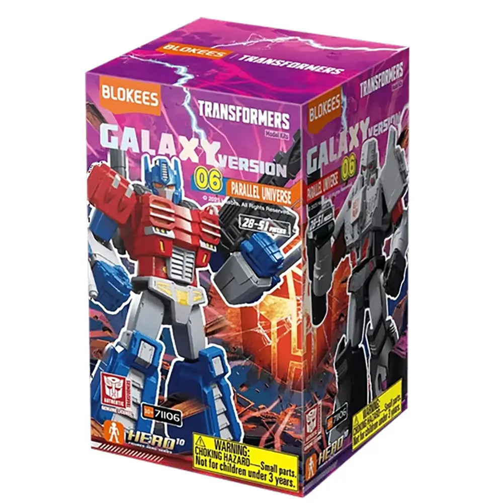 Assorted Transformers Galaxy Version Wave 2 action figures from Blokees including yellow, purple, red, and gray robots in dynamic poses, each showcasing signature weapons and detailed mechanical armor.