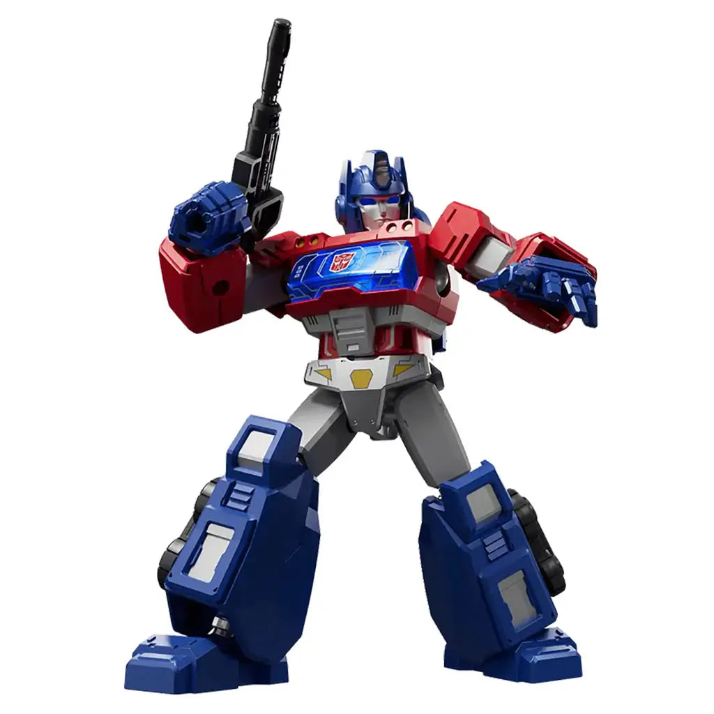 Red and blue Optimus Prime-style Blokees figure with silver faceplate and raised weapon, showing heroic stance and sharp-edged mechanical design.