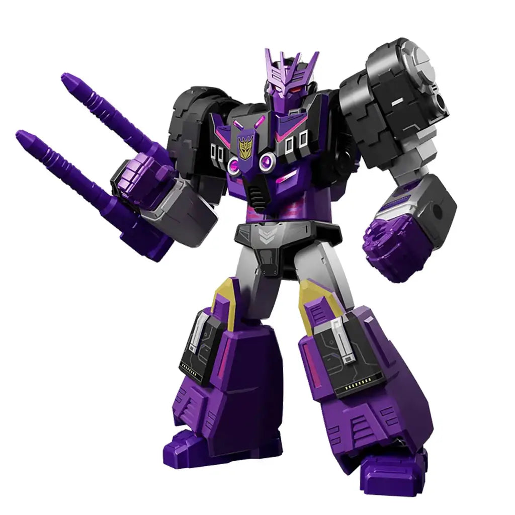 Purple and black Blokees Transformers figure with dual cannons and Decepticon insignia on chest, standing in a battle-ready pose with metallic detailing and angular armor plates.
