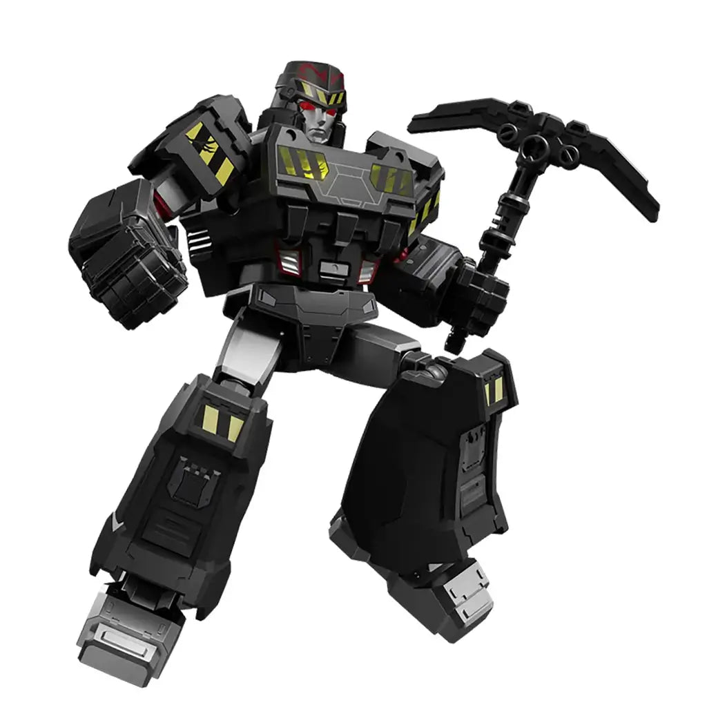 Black and gray Transformers Blokees figure wielding a pickaxe weapon, red highlights on the helmet, and sharp mechanical features from the Shattered Universe collection.