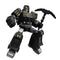 Black and gray Transformers Blokees figure wielding a pickaxe weapon, red highlights on the helmet, and sharp mechanical features from the Shattered Universe collection.