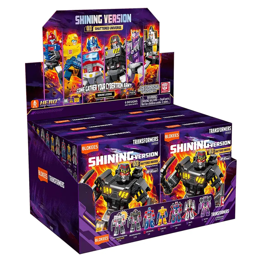Retail display box of Blokees Transformers Shattered Universe Shining Version featuring bold purple packaging and fiery orange artwork showcasing six robot figures.