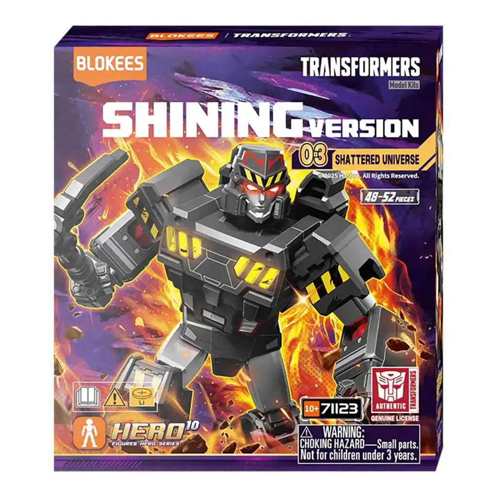 Blokees Transformers Shattered Universe Shining Version model kit box showing dark gray and yellow robot with glowing red eyes amid fiery background design.