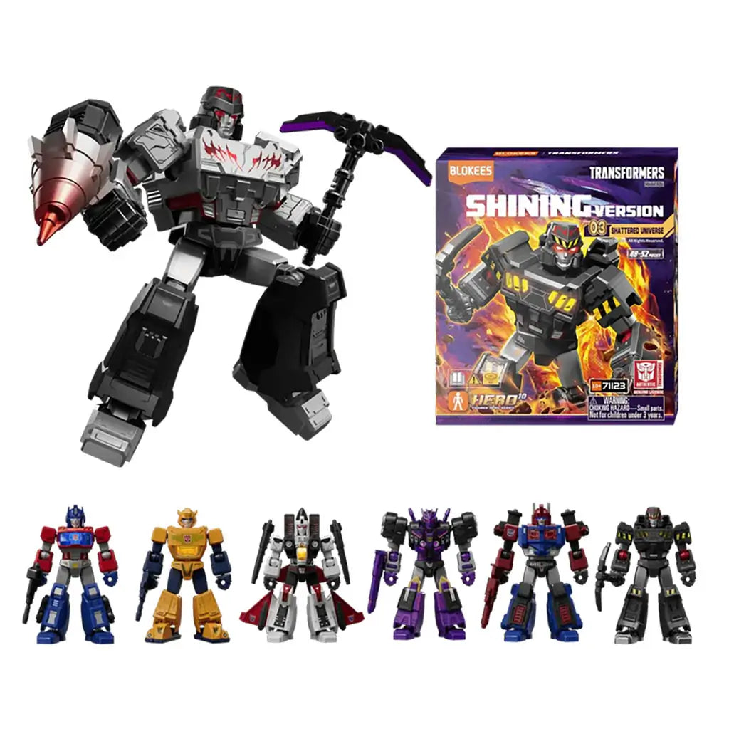 Full set of Blokees Transformers Shattered Universe mini figures displayed with packaging, showing six collectible robot characters and matching purple box art.