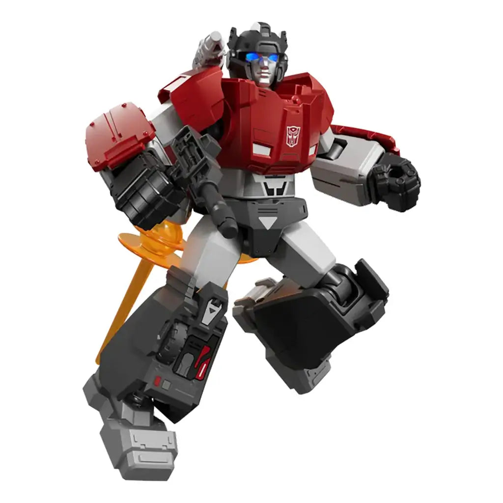 Blokees Transformers Shining 1985 red and gray Autobot toy figure with arm blaster and sleek metallic armor.