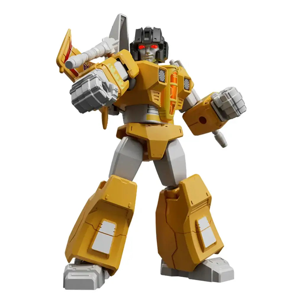 Blokees Transformers Shining 1985 toy figure of a yellow-armored robot with red eyes and shoulder weapon, striking a battle pose.